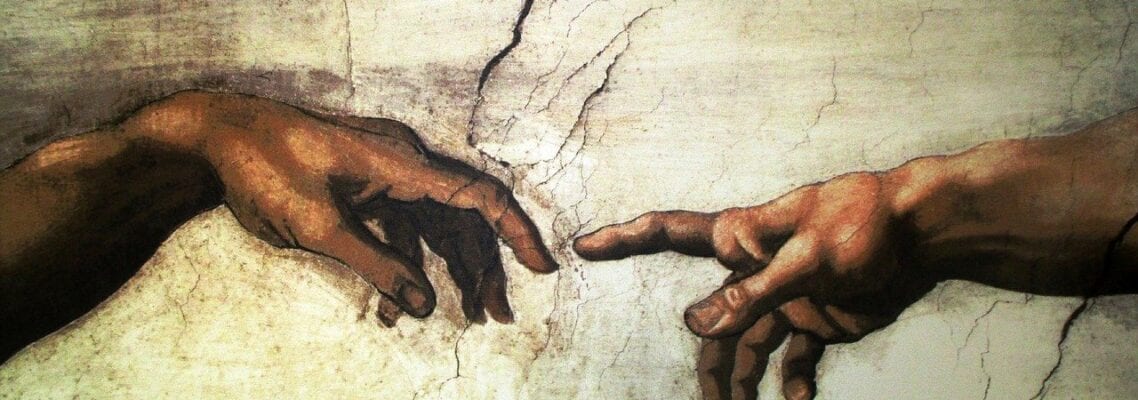 A painting of two hands reaching for each other.