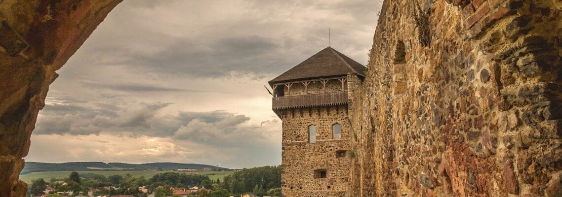 A view of the top of an old castle.