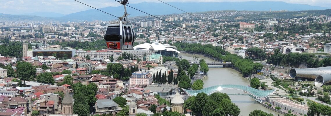 A cable car is going down the mountain