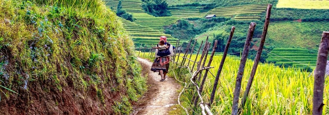 A person riding a motorcycle down the side of a dirt road.