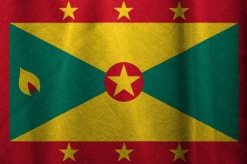 A flag of grenada with five stars on it.