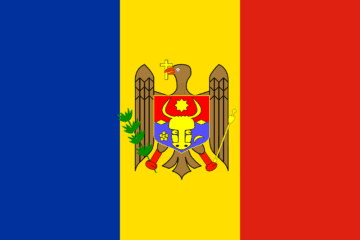 A flag of moldova with the coat of arms on it.