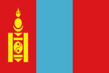 A flag of mongolia with the colors blue, red and yellow.