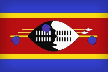 A flag of swaziland with the colors red, yellow and blue.