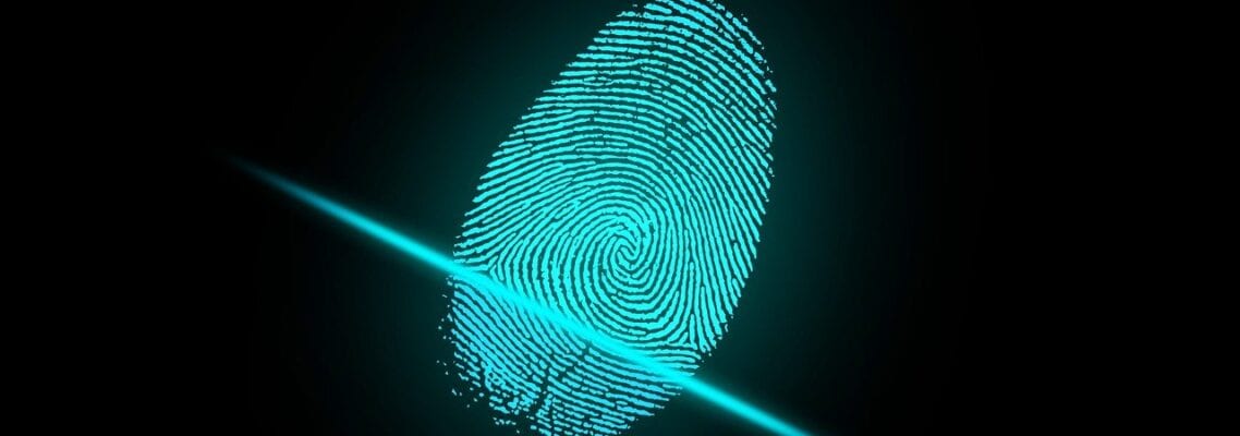 A glowing blue fingerprint is shown in this image.